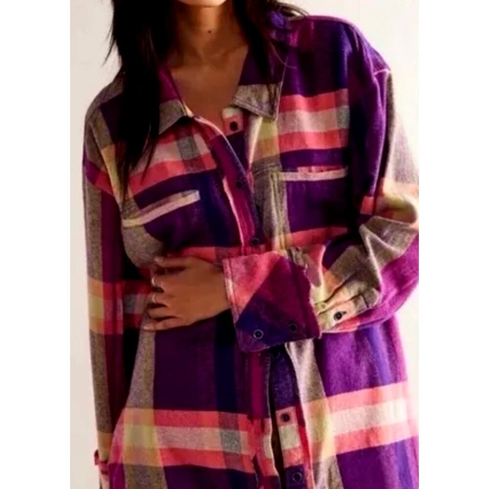 Free People So Long Summer Plaid Flannel Button Down Pink Purple Sm/Med NWT